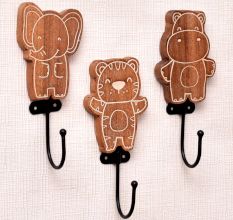 Brown Wooden Bear Elephant Hippo Wall Hooks For Kids - Pack of 3